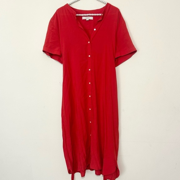 Loft Red/Orange Button Front Short Sleeve Dress w/ Waist Tie SIZE XXL - Picture 7 of 7